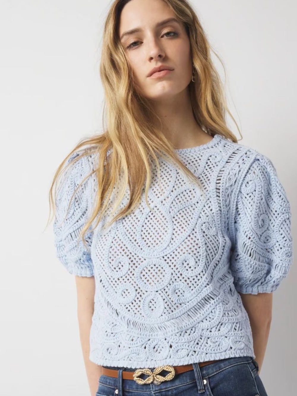 WHBM White House Black Market Blue Crochet Top Puff Sleeve Open Knit Cottagecore